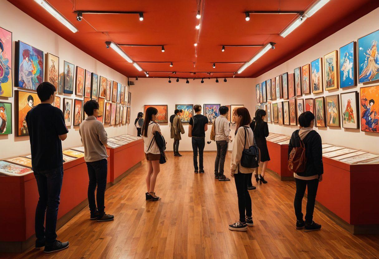 A captivating and colorful scene depicting a lively art gallery filled with various hentai anime-inspired artworks, showcasing the intricate blend of sensuality and artistic expression. Include a diverse group of stylishly dressed visitors engaged in discussions, with some anime characters coming to life in the background, illustrating the cultural significance of the genre. The ambiance should be vibrant and inviting, with soft lighting enhancing the aesthetics of the artworks. 3D. vibrant colors. digital art.